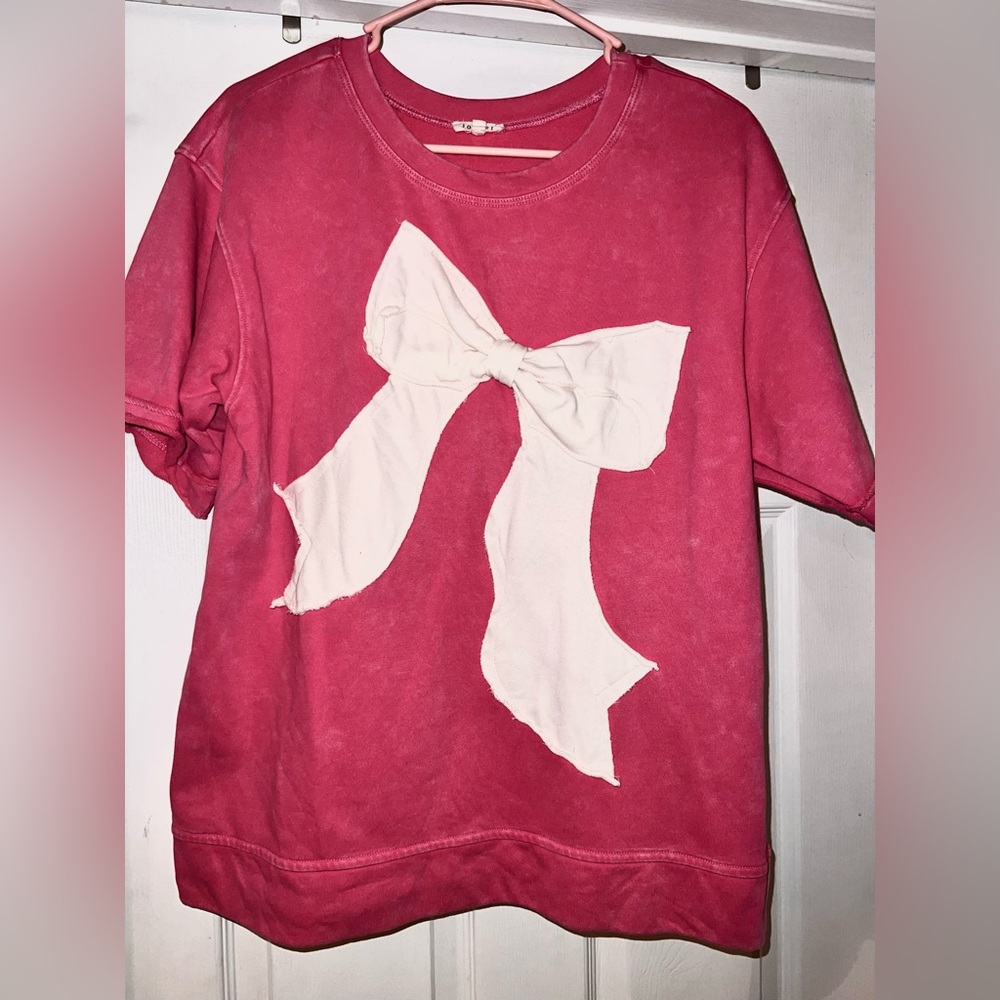 JODIFL Pink and Cream Bow Oversized Sweatshirt Tee - Picture 2 of 4
